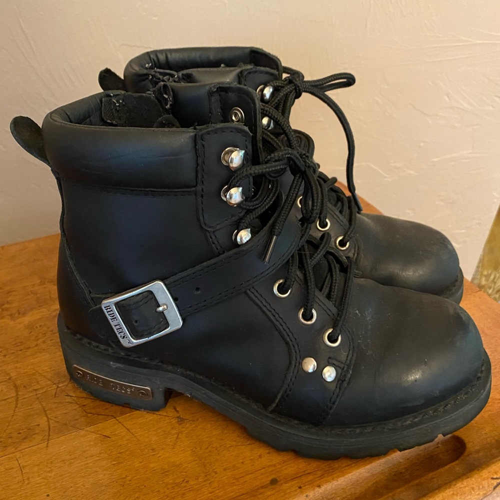 Ride Tecs Motorcycle Boots 8143 Leather Buckle Lace Up Black Womens 8 M Side Zip